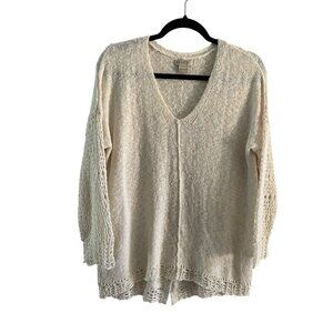 Lucky Brand Women SZ L Ivory V-Neck Open Knit L/S Button Back Knit Sweater